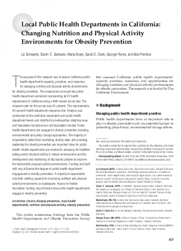 Local Public Health Departments in California: Changing Nutrition and Physical Activity Environments for Obesity Prevention